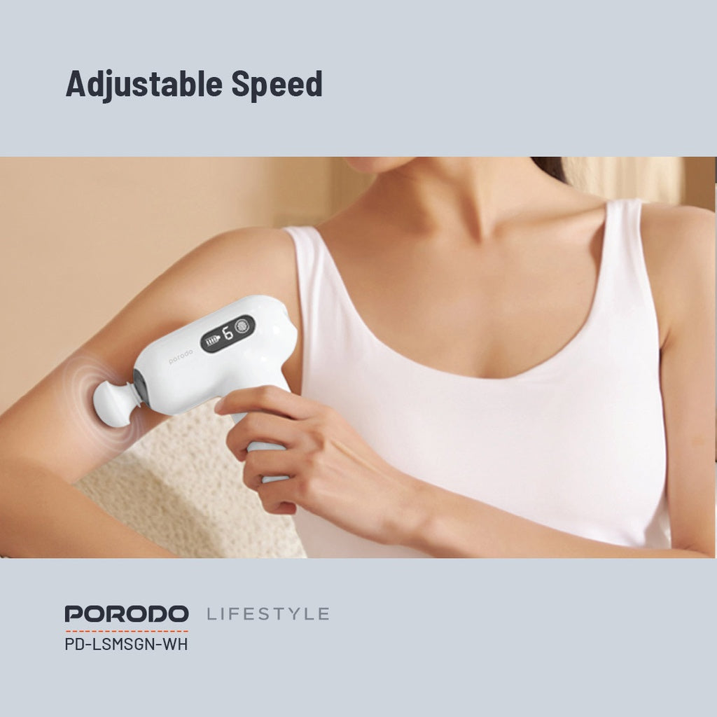 بورودو لايف ستايل مسدس مساج صغير مع 4 رؤوس - ابيض | Porodo Lifestyle Mini Massage Gun with 4 Head – White.