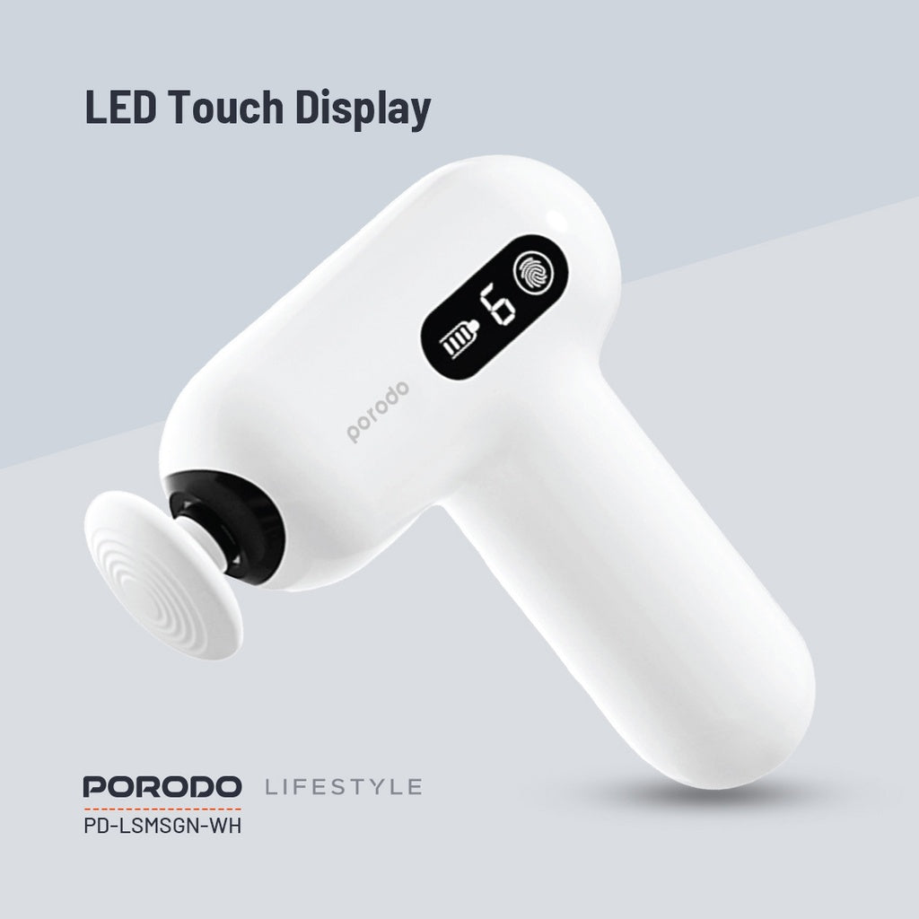 بورودو لايف ستايل مسدس مساج صغير مع 4 رؤوس - ابيض | Porodo Lifestyle Mini Massage Gun with 4 Head – White.