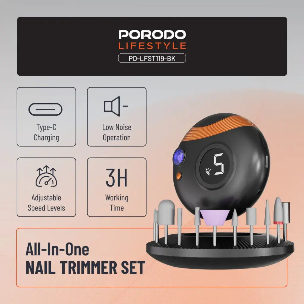 مجموعة بورودو لايف ستايل للعناية المتكاملة بالاظافر - اسود | Porodo Lifestyle All-In-One Nail Trimmer Set - Black