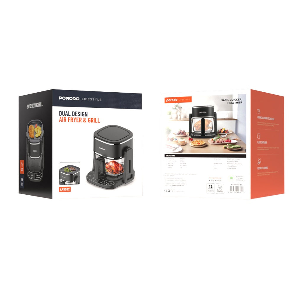 قلاية هوائية زجاجية 2 في 1 من بورودو لايف ستايل - اسود | Porodo Lifestyle 2in1 Glass Air Fryer - Black