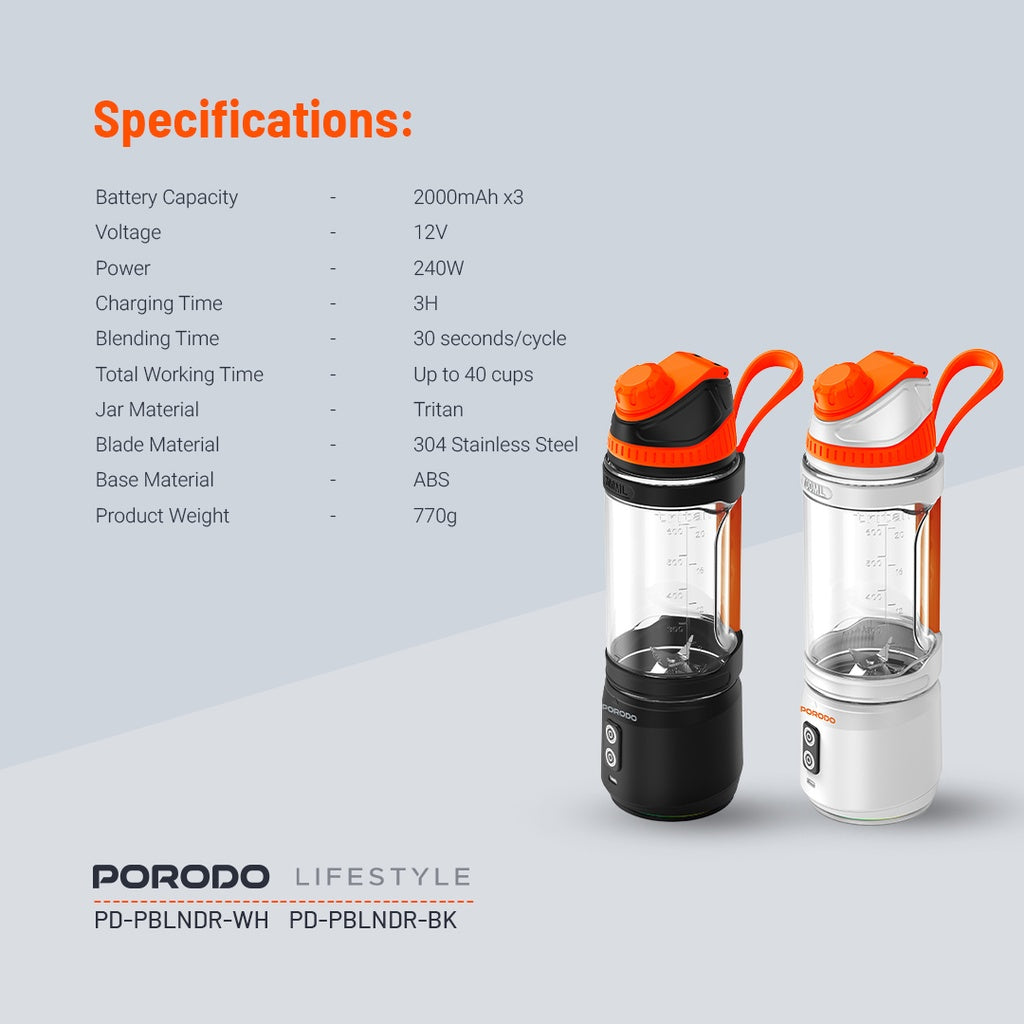 خلاط محمول بورودو, 6 شفرات وبقدرة 240 واط وسعة 700 مل | Porodo 240W 6 Blade Portable Blender 700ML.