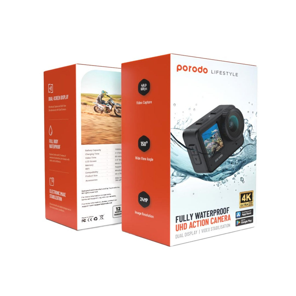 كاميرا اكشن مضادة للماء بدقة 5K من بورودو, مع شاشة لمس ودعم WiFi - اسود | Porodo Waterproof 5K Action Camera with WiFi & Touch Screen – Black