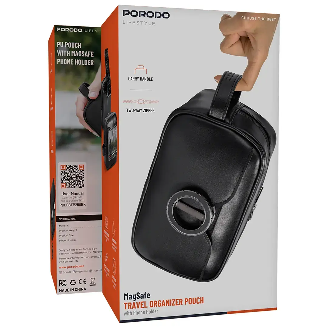 حقيبة بورودو لايف ستايل للسفر مع حامل هاتف ماج سيف - اسود | Porodo Lifestyle MagSafe Travel Organizer Pouch with Phone Holder - Black