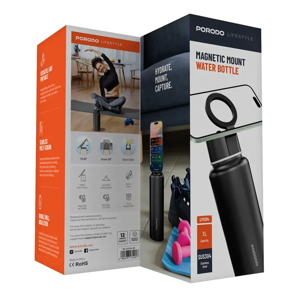 زجاجة ماء ماج سيف 32 اونصة من بورودو لايف ستايل - اسود | Porodo Lifestyle Magsafe Bottle 32oz – Black
