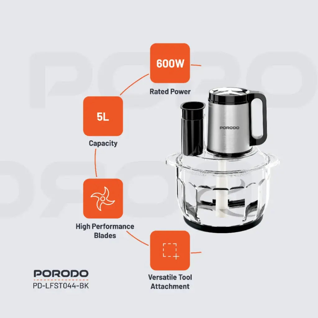 فرامة طعام متعددة الوظائف بورودو لايف ستايل بسعة 5 لتر, 600 واط - اسود | Porodo Lifestyle 5L Multifunctional Chopper 600W – Black.