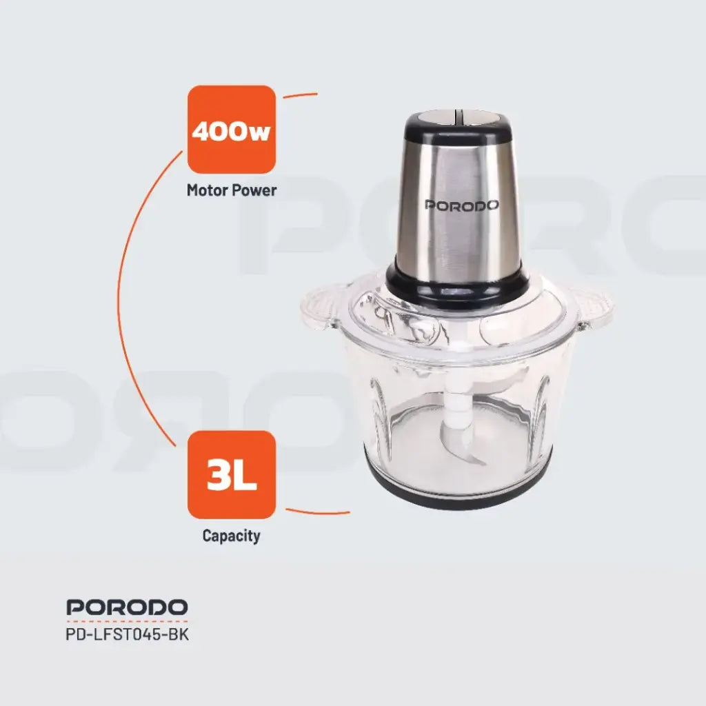 مفرمة كهربائية 3 لتر من بورودو لايف ستايل, بقدرة 400 واط - اسود | Porodo Lifestyle 3L Chopper 400W - Black