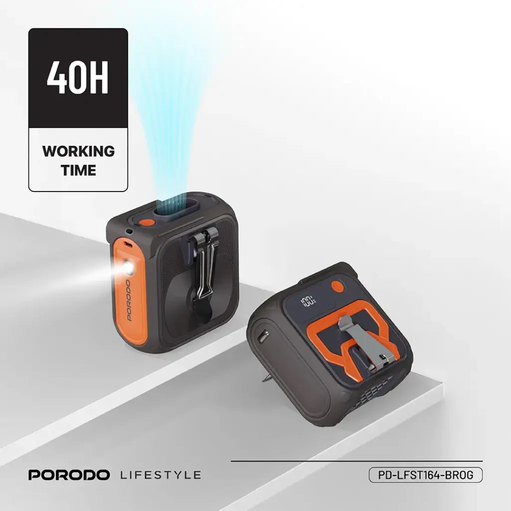 مروحة خصر مع كشاف من بورودو, بطارية بسعة 10000 مللي امبير - بني/برتقالي | Porodo Waist Fan with Mount Flashlight 10000mAh Battery - Brown/Orange