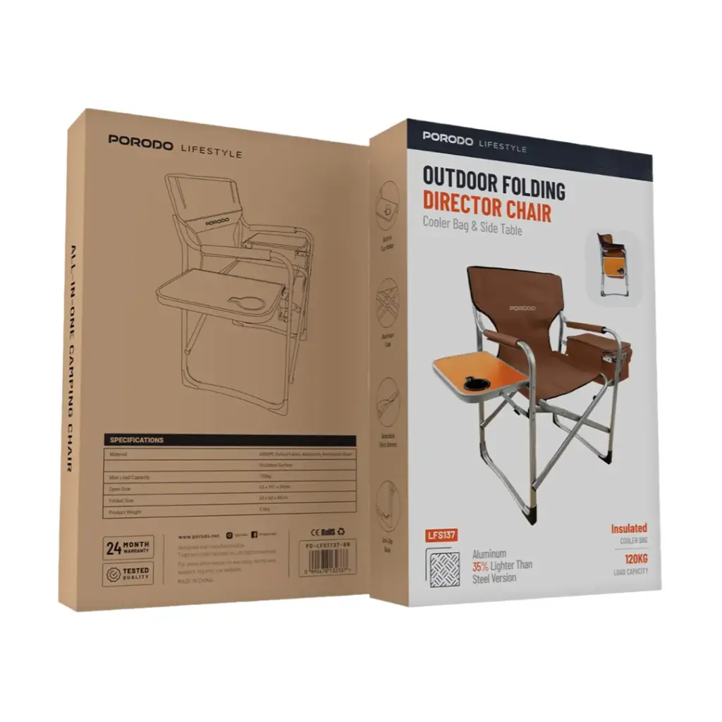 كرسي بورودو لايف ستايل القابل للطي مع طاولة جانبية وحامل كوب | Porodo Lifestyle Outdoor Folding Aluminum Chair with Side Table & Cup Holder