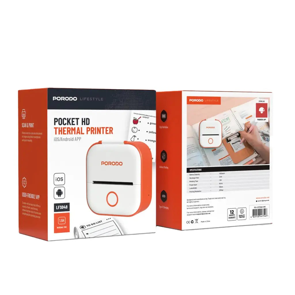 طابعة ملصقات صغيرة من بورودو لايف ستايل - ابيض | Porodo Lifestyle Mini Label Printer - White