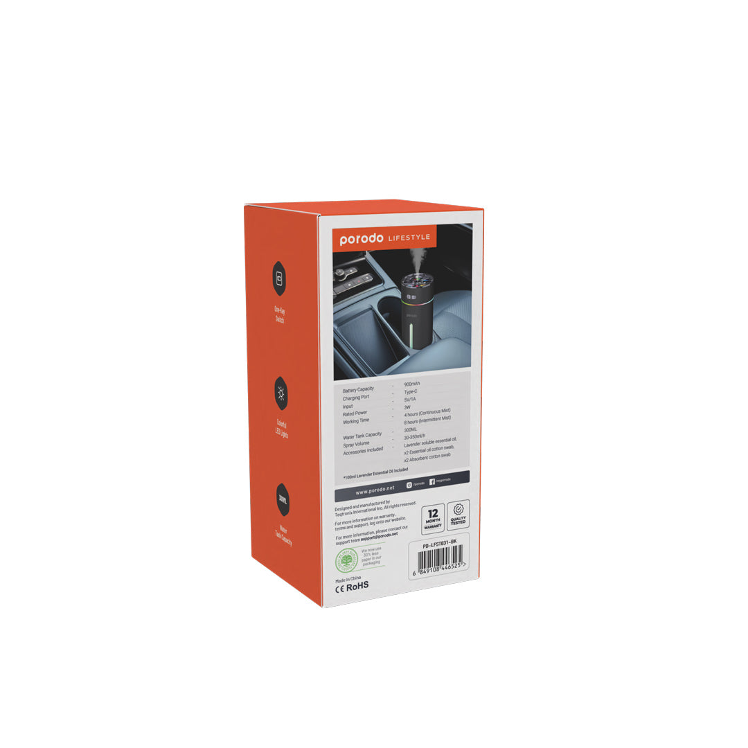 مرطب هواء عطري صغير للسيارة من بورودو لايف ستايل - اسود | Porodo Lifestyle Scented Car Cool Mini Humidifier - Black.