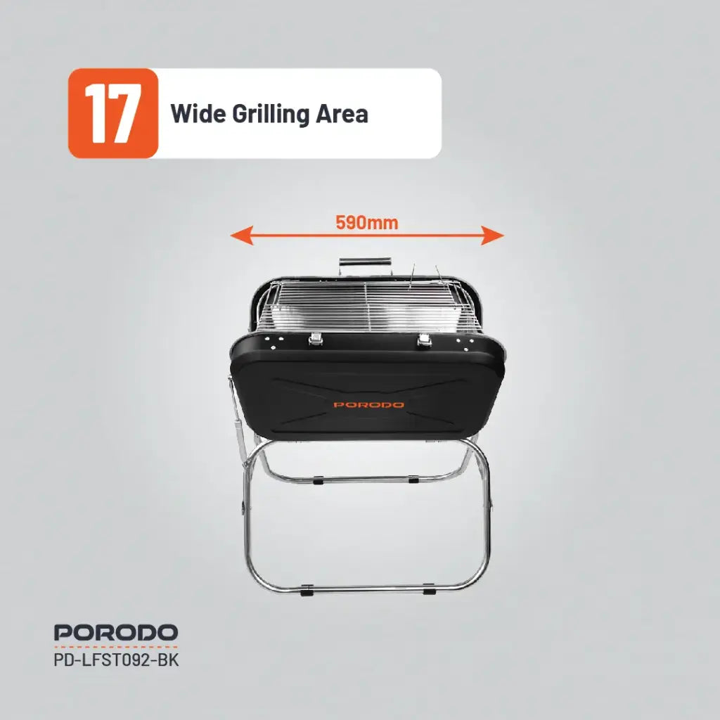 شواية بالفحم قابلة للطي مع مقبض وحامل ثلاثي من بورودو لايف ستايل - اسود | Porodo Lifestyle Foldable BBQ Grill Box with Handle and Tripod - Black