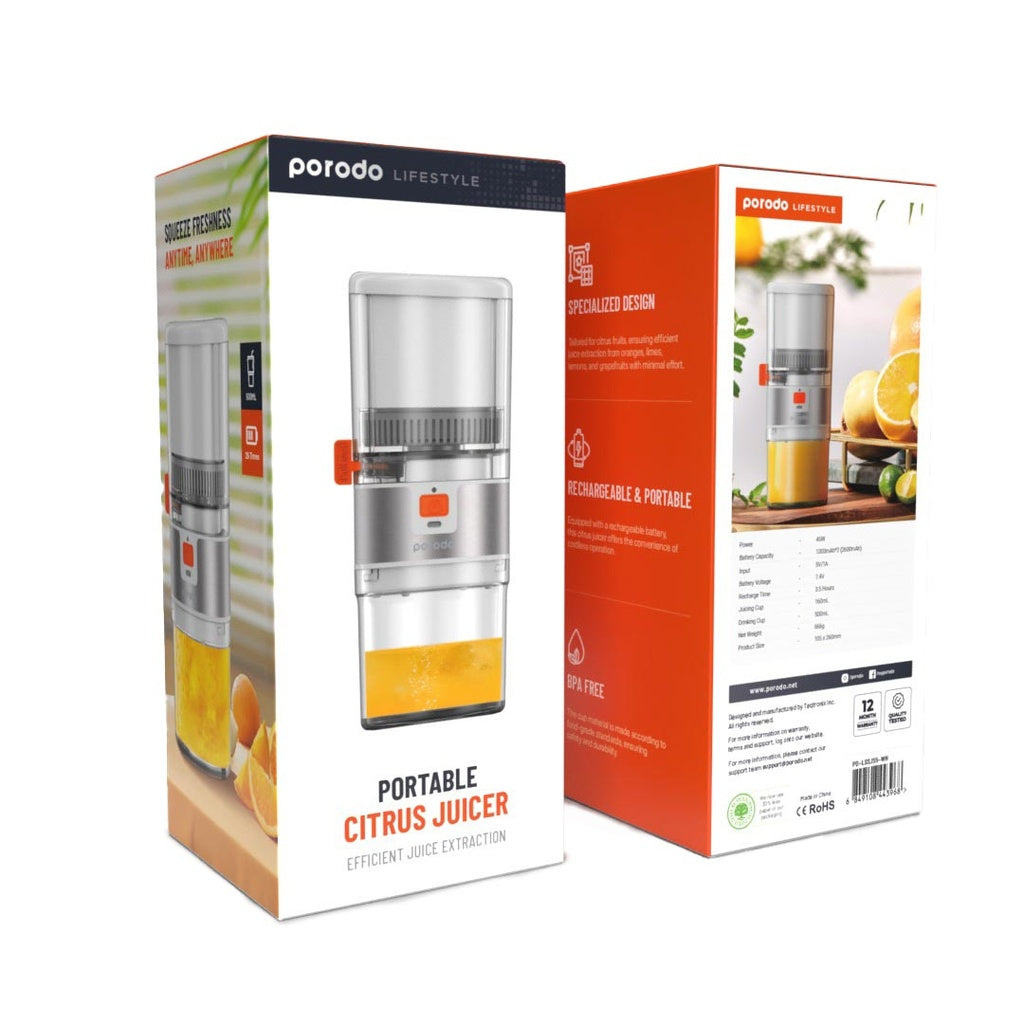 عصارة بطيئة محمولة بقدرة 55 واط من بورودو لايف ستايل - ابيض/برتقالي | Porodo Lifestyle Portable Slow Juicer 55W – White / Orange