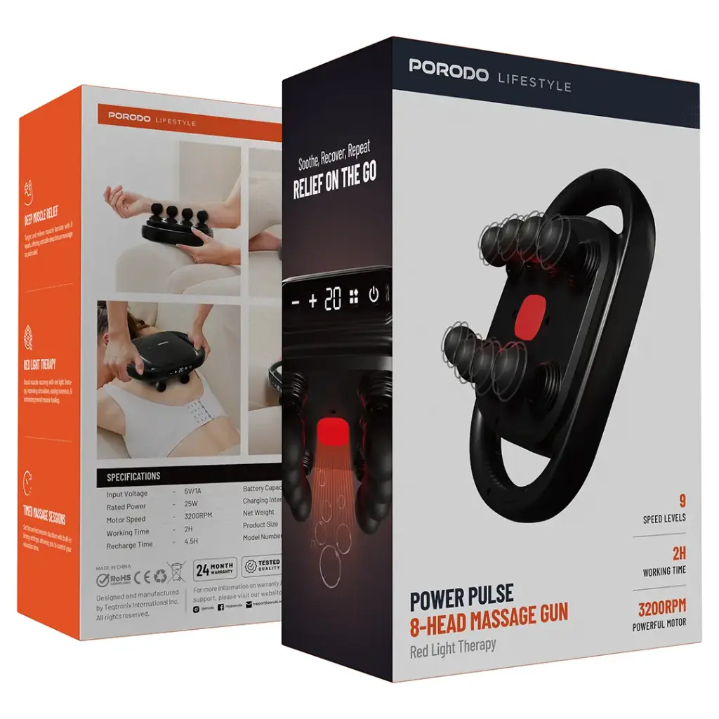 جهاز مساج بورودو باور بلس مع 8 رؤوس تدليك - اسود | Porodo Lifestyle Power Pulse 8-Head Massage Gun – Black