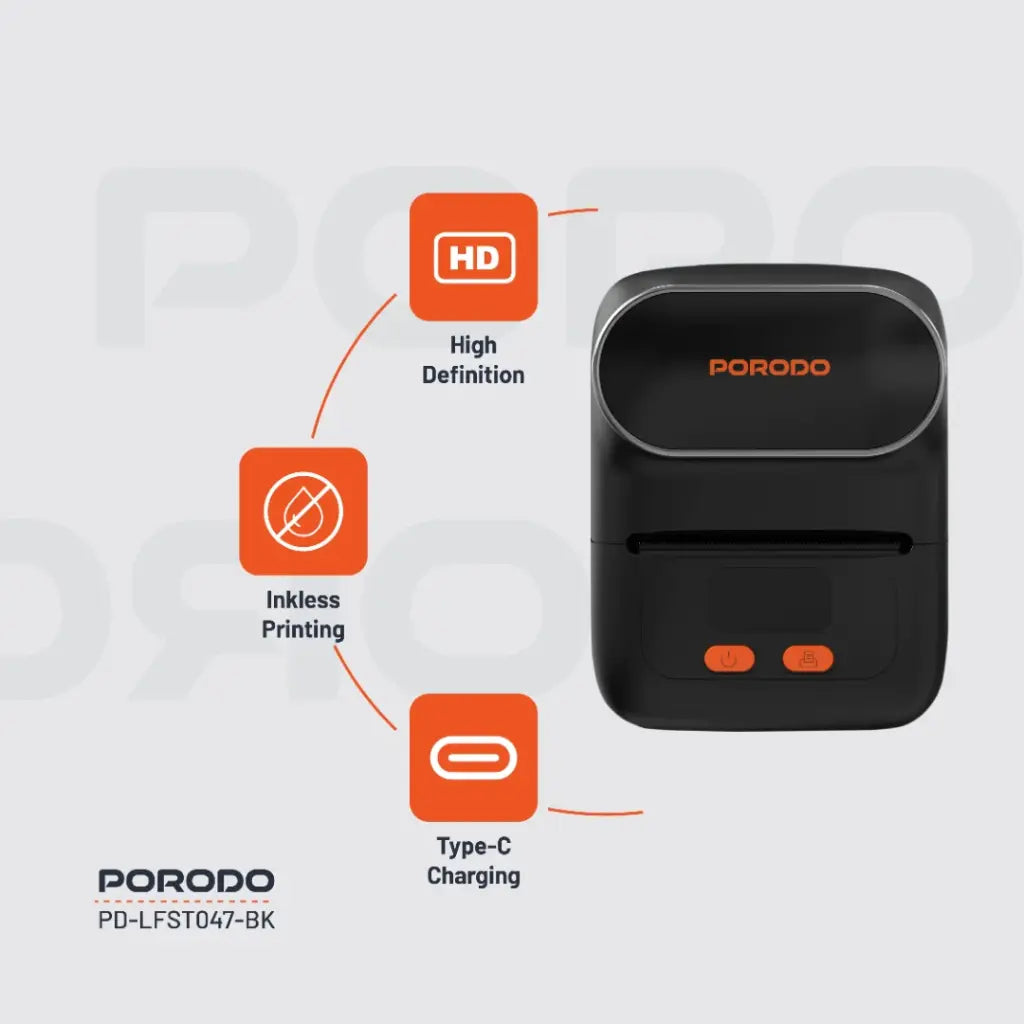 بورودو لايف ستايل طابع ملصقات حرارية 58 ملم مع بلوتوث - اسود | Porodo Lifestyle 58mm Label Printer with Bluetooth - Black