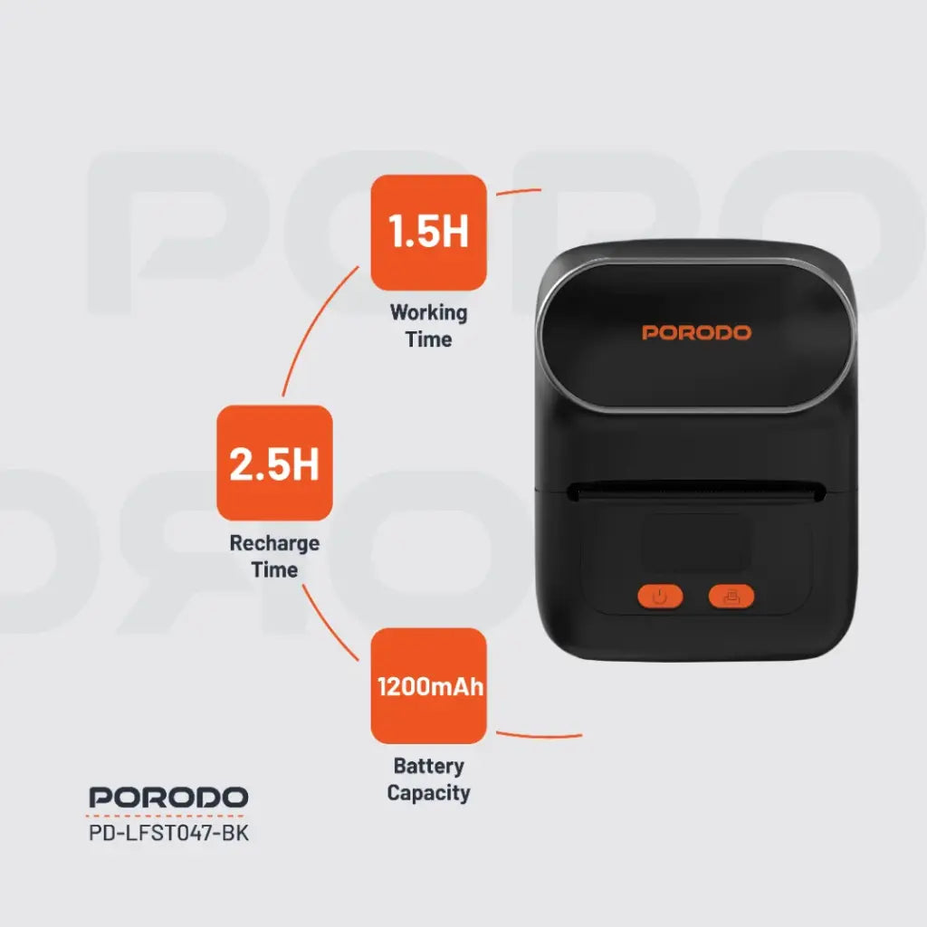 بورودو لايف ستايل طابع ملصقات حرارية 58 ملم مع بلوتوث - اسود | Porodo Lifestyle 58mm Label Printer with Bluetooth - Black