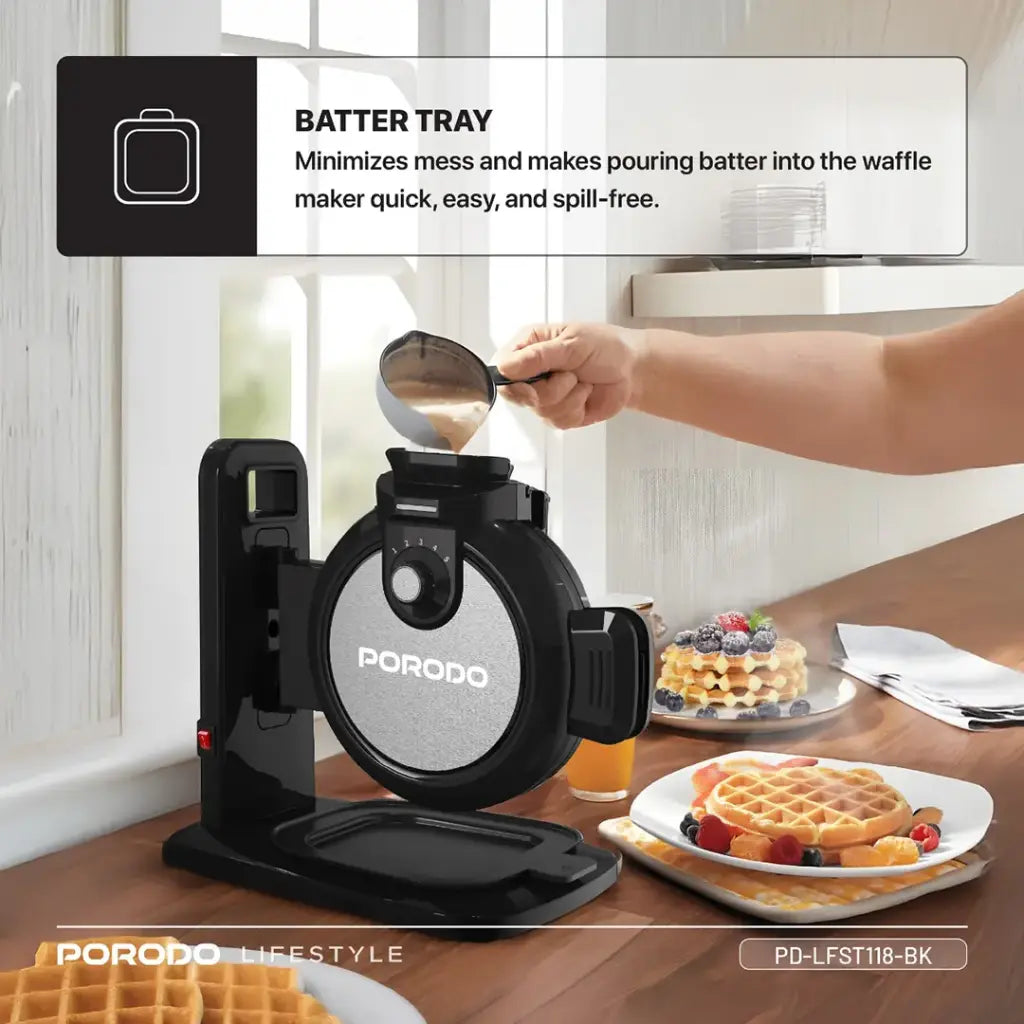 ماكينة الوافل العمودية من بورودو لايف ستايل بقدرة 800 واط وب 5 مستويات حرارة - اسود | Porodo Lifestyle 800W Vertical Waffle Maker with 5 Temperature Modes - Black