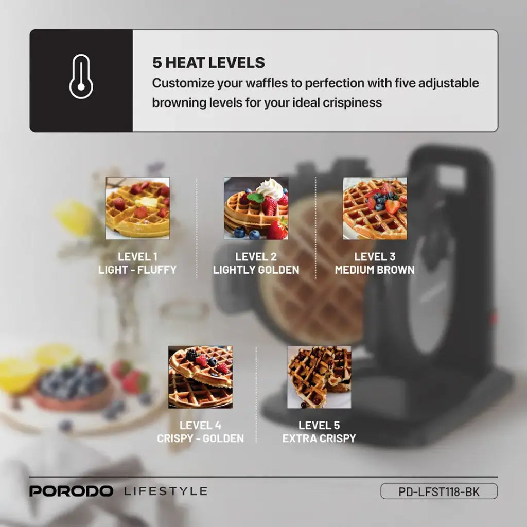 ماكينة الوافل العمودية من بورودو لايف ستايل بقدرة 800 واط وب 5 مستويات حرارة - اسود | Porodo Lifestyle 800W Vertical Waffle Maker with 5 Temperature Modes - Black