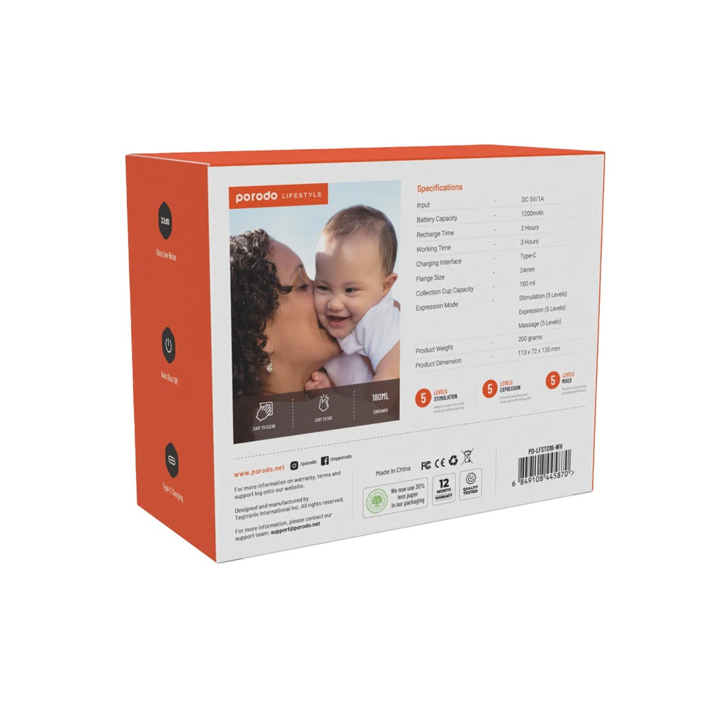 شفاط حليب كهربائي قابل للارتداء من بورودو لايف ستايل بسعة 180 مل - ابيض | Porodo Lifestyle Wearable Electric Breast Pump 180ml - White