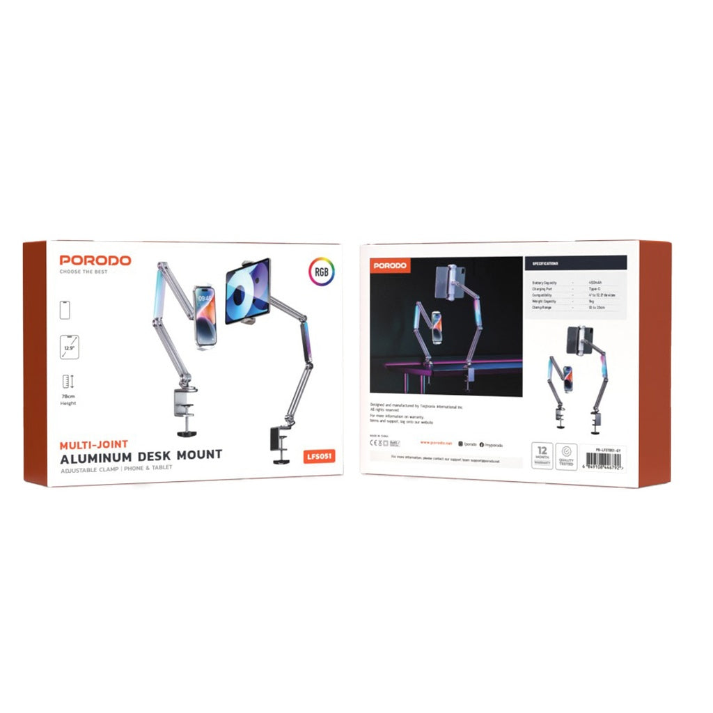 حامل مكتبي المنيوم متعدد المفاصل من بورودو - رمادي | Porodo Multi-Joint Aluminum Desk Mount – Grey