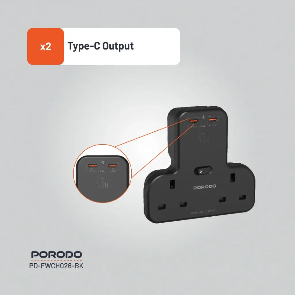 بورودو مقبس حائط متعدد المنافذ مع دعم للشحن السريع بقدرة 45 واط - اسود | Porodo Multi-Port Wall Socket With PD Fast charging 45W – Black
