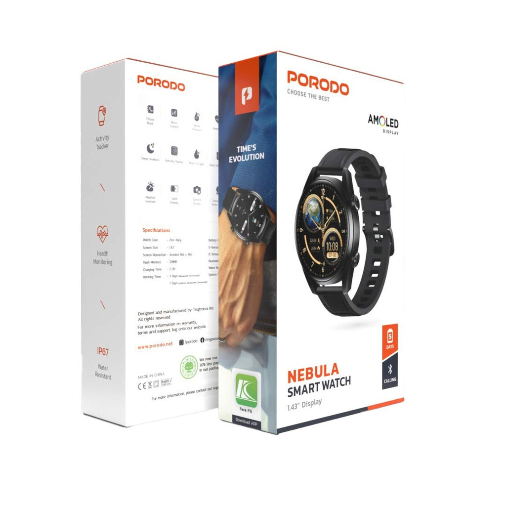 بورودو نيبولا ساعة ذكية باطار اسود وسوار سيليكون اسود | Porodo Nebula Smart Watch Black Dial with Black Silicone Band.