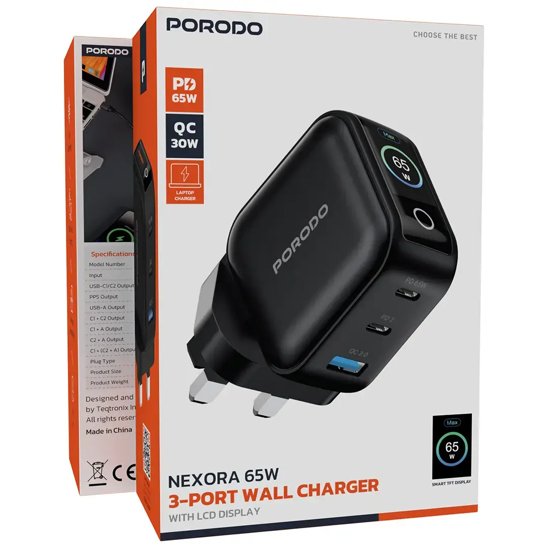شاحن جداري بورودو نيكسورا ثلاثي المنافذ بقدرة شحن 65 واط مع شاشة LCD - اسود | Porodo Nexora 65W 3-Port Wall Charger with LCD Display - Black