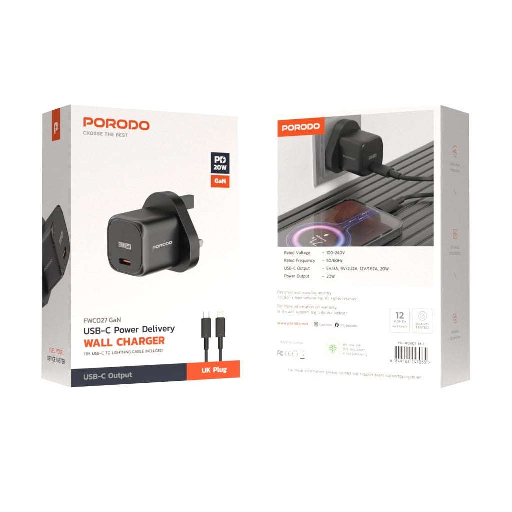 شاحن بورودو السريع 20 واط بمنفذ يو اس بي سي مع كيبل تايب سي الى لايتننغ - اسود | Porodo PD 20W UK Fast Charger with USB-C to Lightning Cable – Black