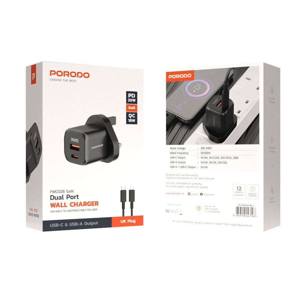 شاحن بورودو السريع 20 واط USB QC3.0 مع كيبل تايب سي الى لايتننغ بطول 1.2 متر - اسود | Porodo PD 20W USB QC3.0 UK Fast Charger with USB-C to Lightning Cable 1.2M – Black