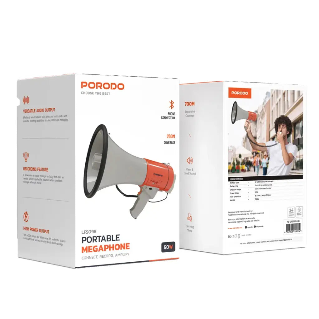 مكبر صوت مع صافرة وبلوتوث بقدرة 50 واط من بورودو - برتقالي | Porodo Lifestyle 50W Siren Bluetooth Speaker and Recorder Megaphone – Orange