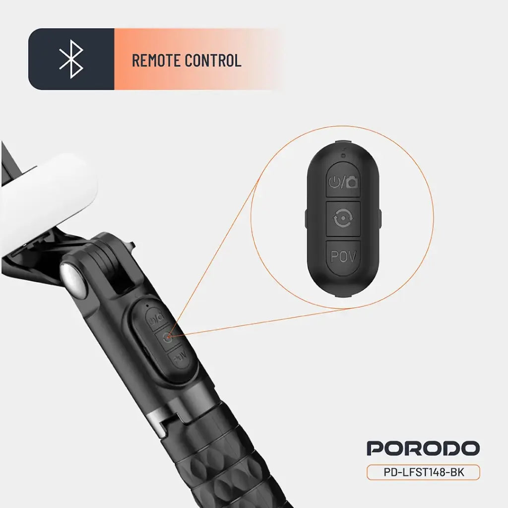 عصا سيلفي مع ترايبود من بورودو جيمبال مع ضوء اضافي وجهاز تحكم - اسود | Porodo Gimbal Stabilizer Selfie Stick Tripod with Fill Light & Detachable Remote - Black