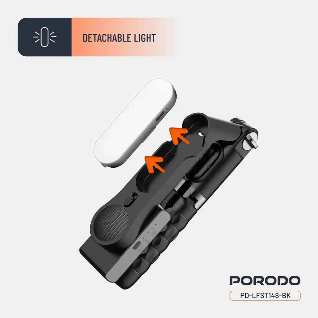 عصا سيلفي مع ترايبود من بورودو جيمبال مع ضوء اضافي وجهاز تحكم - اسود | Porodo Gimbal Stabilizer Selfie Stick Tripod with Fill Light & Detachable Remote - Black