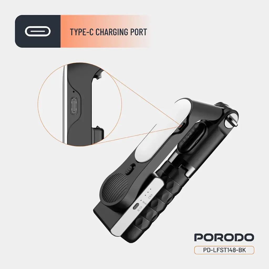 عصا سيلفي مع ترايبود من بورودو جيمبال مع ضوء اضافي وجهاز تحكم - اسود | Porodo Gimbal Stabilizer Selfie Stick Tripod with Fill Light & Detachable Remote - Black