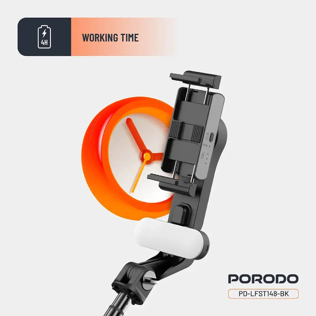 عصا سيلفي مع ترايبود من بورودو جيمبال مع ضوء اضافي وجهاز تحكم - اسود | Porodo Gimbal Stabilizer Selfie Stick Tripod with Fill Light & Detachable Remote - Black