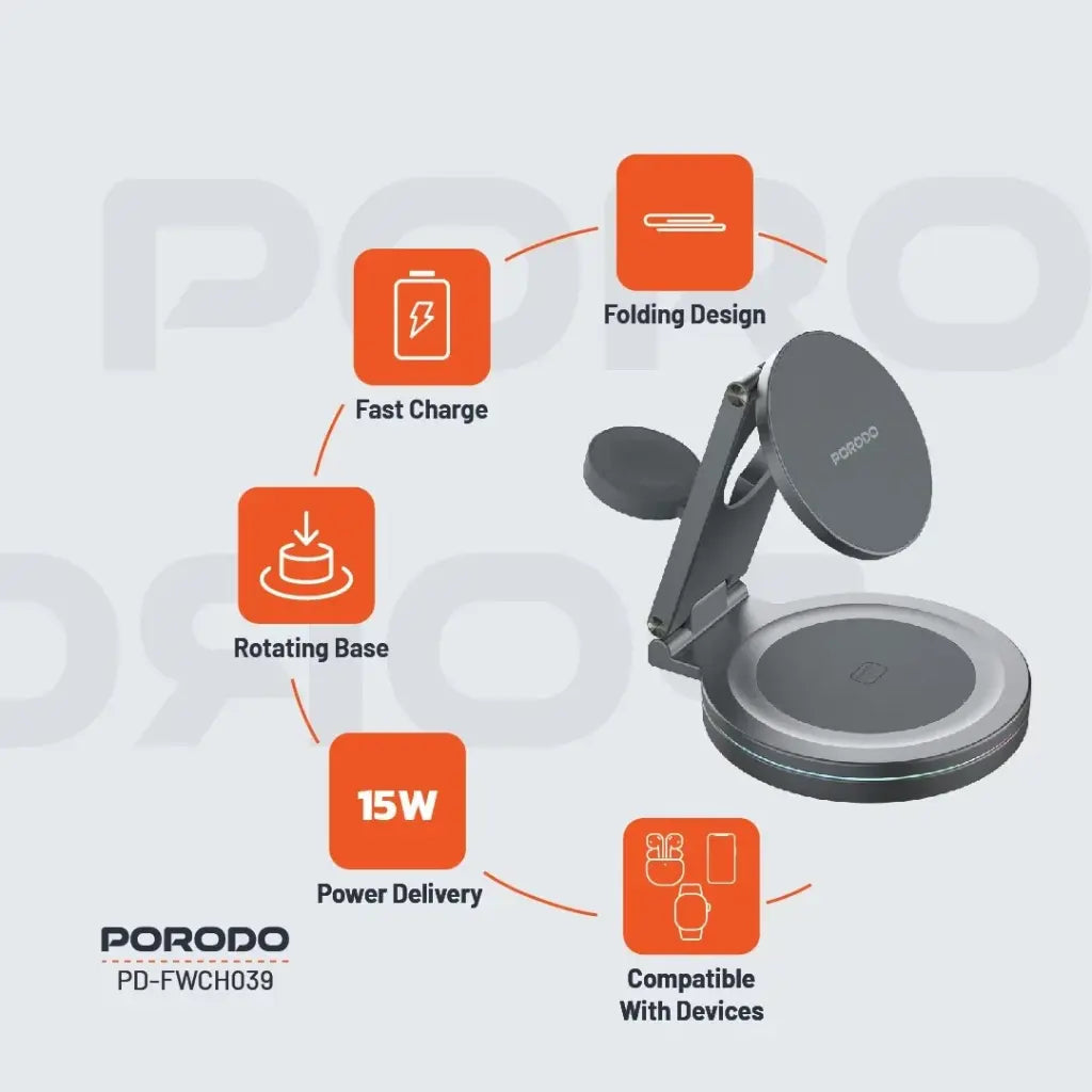 بورودو شاحن لاسلكي مدمج محمول 3 في 1 بتقنية ماج سيف وقاعدة المنيوم دوارة 360 درجة - رمادي | Porodo Portable Compact 3-in-1 MagSafe Wireless Charger Foldable 360° Aluminium - Grey