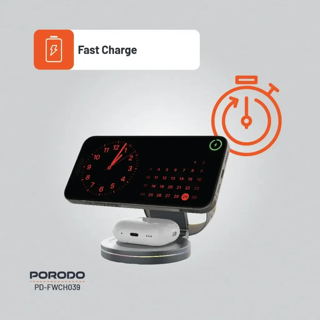 بورودو شاحن لاسلكي مدمج محمول 3 في 1 بتقنية ماج سيف وقاعدة المنيوم دوارة 360 درجة - رمادي | Porodo Portable Compact 3-in-1 MagSafe Wireless Charger Foldable 360° Aluminium - Grey