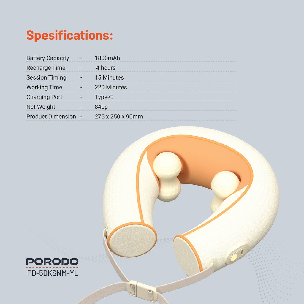 مدلك الرقبة بورودو شياتسو 5D  مع رؤوس سيليكون - اصفر | Porodo 5D Shiatsu Neck Massager with Silicone Heads - Yellow