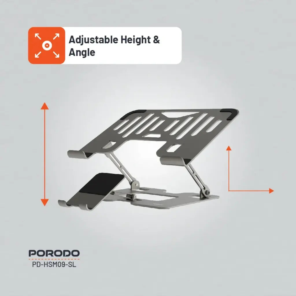 حامل بورودو الذكي القابل للطي 2 في 1, لاجهزة اللابتوب والهاتف - فضي | Porodo 2-in-1 Adjustable and Foldable Laptop with Phone Stand - Silver.