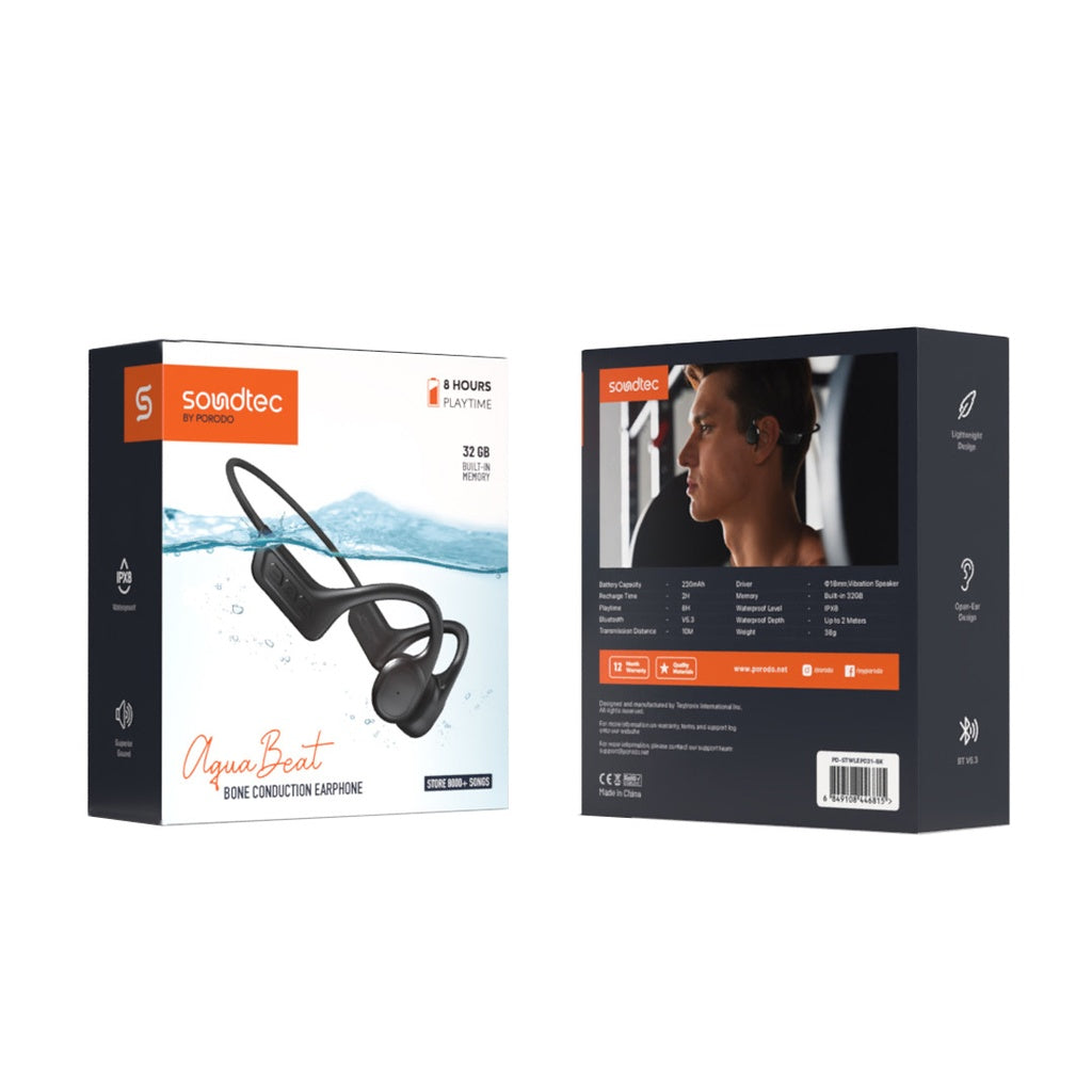 سماعة سباحة IPX8 بتقنية التوصيل العظمي من بورودو ساوندتيك - اسود | Porodo Soundtec Bone Conduction Swimming Headphones IPX8 - Black