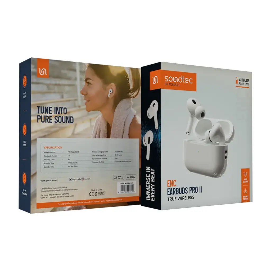 سماعات بورودو ساوندتيك برو 2 اللاسلكية - ابيض | Porodo Soundtec ENC AirPods Pro 2 – White
