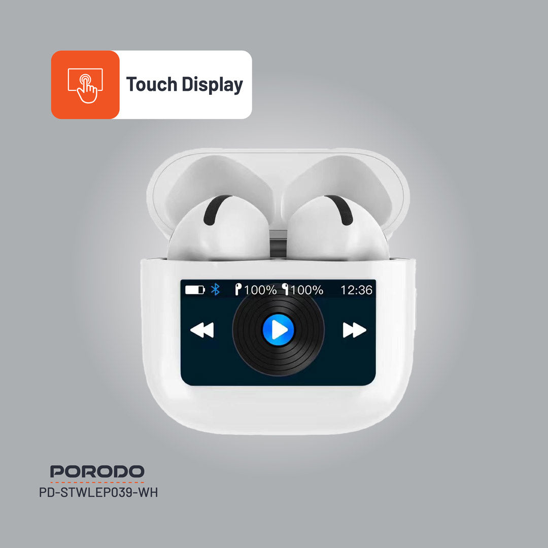 سماعة بورودو ساوندتيك TWS بخاصية الغاء الضوضاء وشاشة لمس, تشغيل حتى 4 ساعات - ابيض | Porodo Soundtec TWS ANC Earphone with Touch Screen, 4H Playtime – White