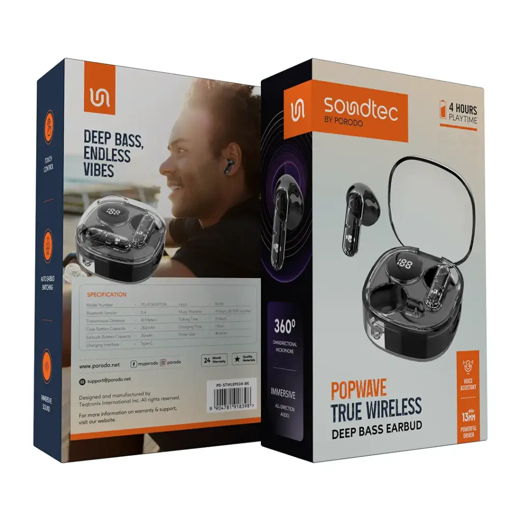 سماعات بورودو ساوندتيك Popwave اللاسلكية, بلوتوث 5.4 وتحكم باللمس | Porodo Soundtec Popwave IPX4 True Wireless Earbuds with Touch Control & Display.