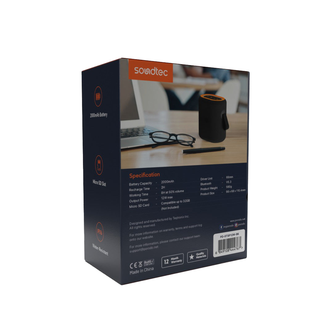 سبيكر بورودو ساوندتيك TWS بقوة 12 واط - اسود | Porodo Soundtec TWS Speaker 12W - Black.