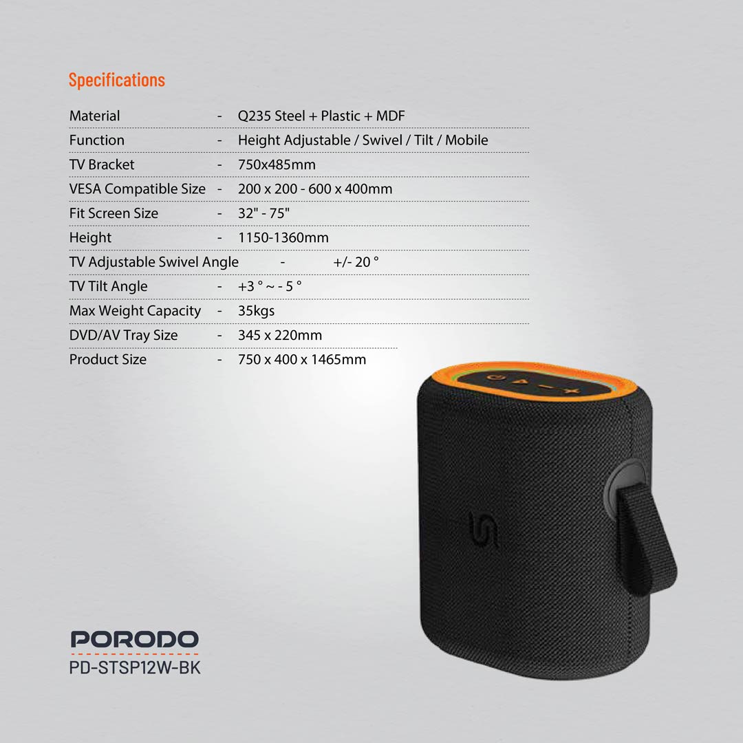 سبيكر بورودو ساوندتيك TWS بقوة 12 واط - اسود | Porodo Soundtec TWS Speaker 12W - Black.
