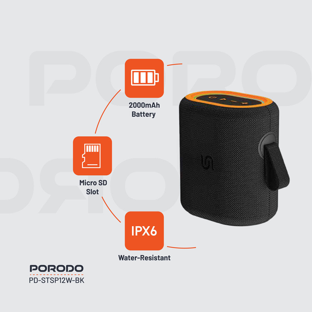 سبيكر بورودو ساوندتيك TWS بقوة 12 واط - اسود | Porodo Soundtec TWS Speaker 12W - Black.