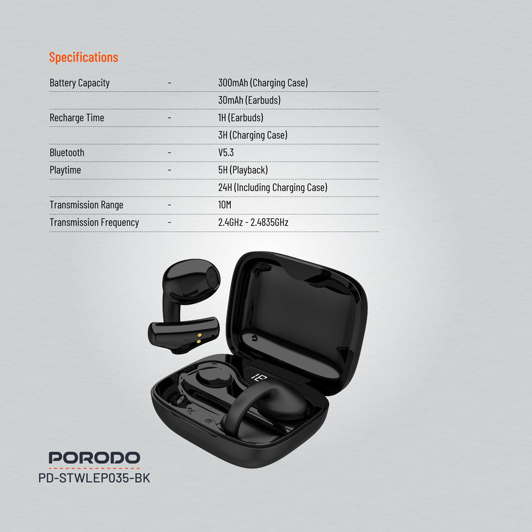 سماعات بورودو ساوندتيك اللاسلكية بمشبك للاذن - اسود | Porodo Soundtec TWS Ear Clip Wireless Earbuds – Black.