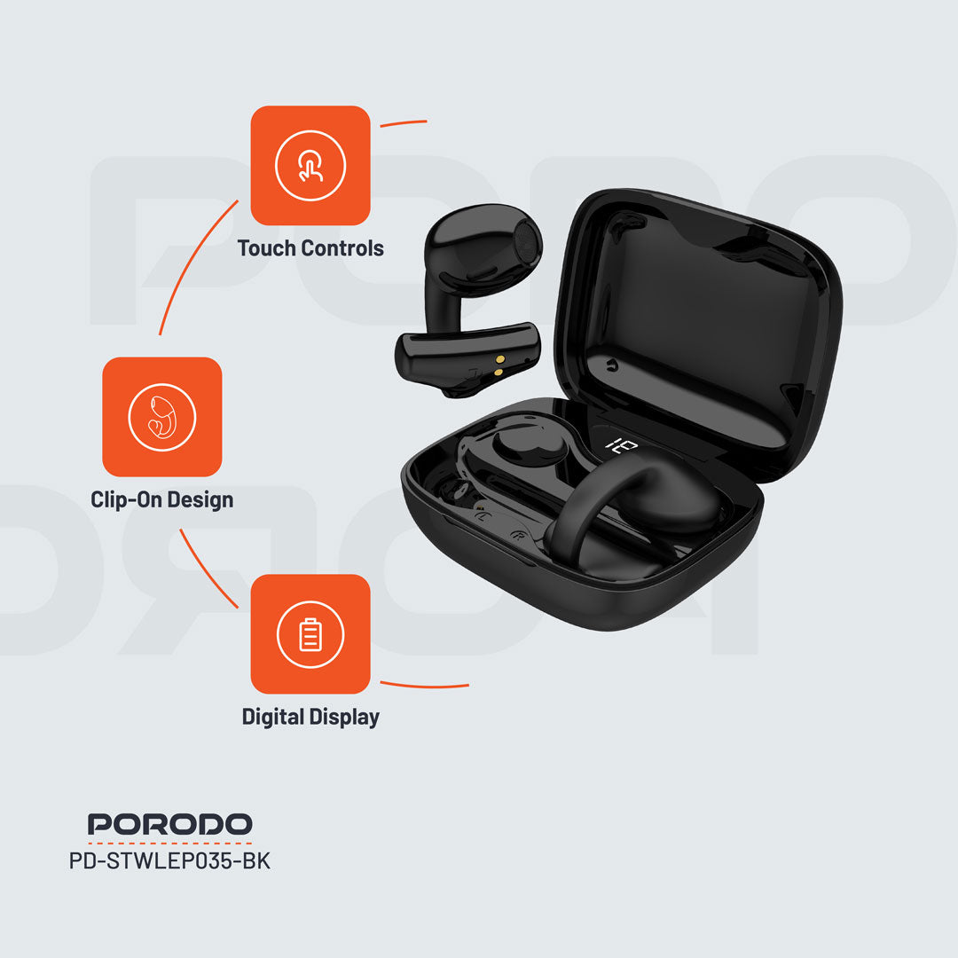 سماعات بورودو ساوندتيك اللاسلكية بمشبك للاذن - اسود | Porodo Soundtec TWS Ear Clip Wireless Earbuds – Black.