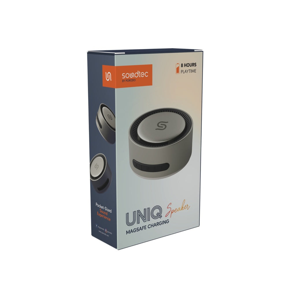 سبيكر مغناطيسي لاسلكي مع شحن ماج سيف - تيتانيوم | Porodo Soundtec Uniq Magnetic Wireless Charging Bluetooth Speaker - Titanium