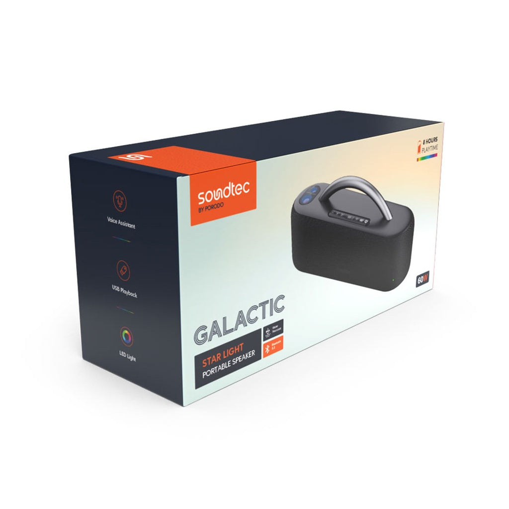 سبيكر بورودو ساوندتيك جالاكتيك المحمول باضائة LED وقدرة 60 واط - اسود | Porodo Soundtec Galactic Star Light Portable Speaker 60W - Black.