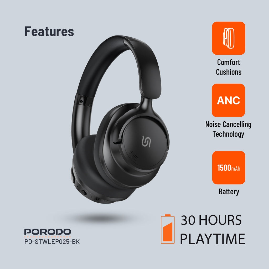 سماعة رأس من بورودو ساوندتيك بخاصية الغاء الضوضاء النشط - اسود | Porodo Soundtec Hybrid ANC Headphone - Black