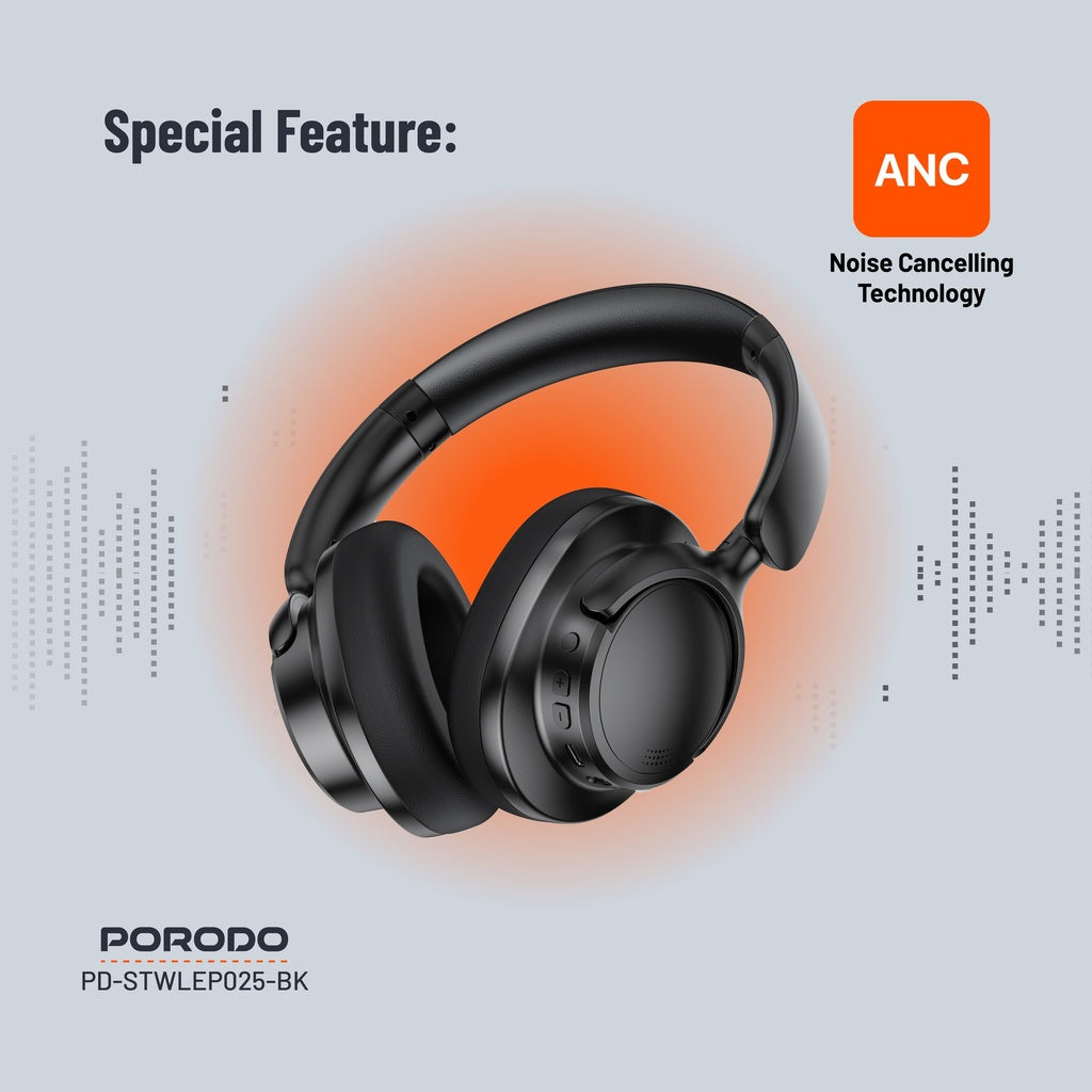 سماعة رأس من بورودو ساوندتيك بخاصية الغاء الضوضاء النشط - اسود | Porodo Soundtec Hybrid ANC Headphone - Black
